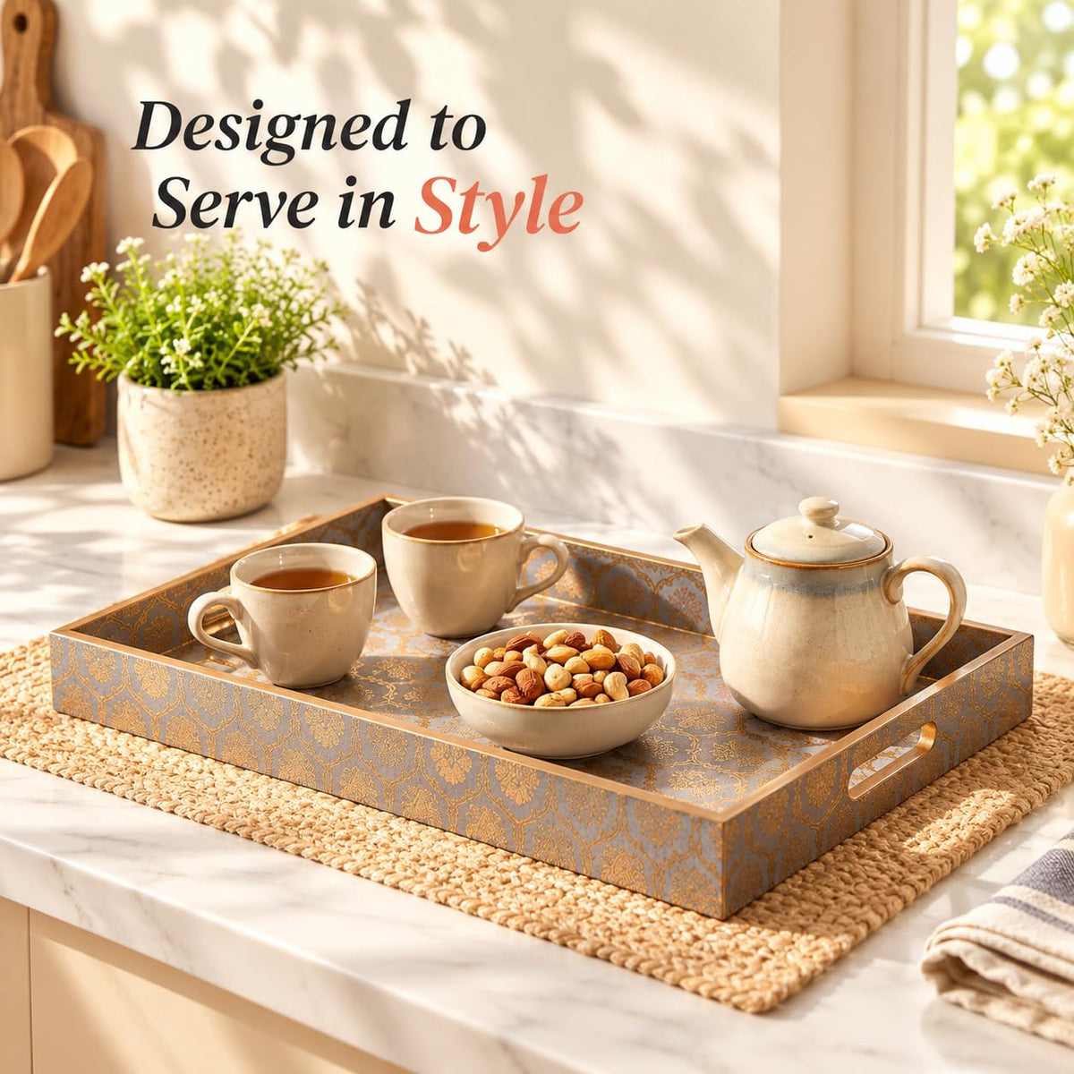 HOKIPO Serving Tray Set of 3, Engineered Wood, Shahi Gulnaar - image 3