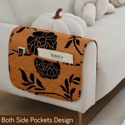 Water Repellent & Waterproof Sofa Armrest Covers with Pockets (Set of 2) - Copper Brown Floral