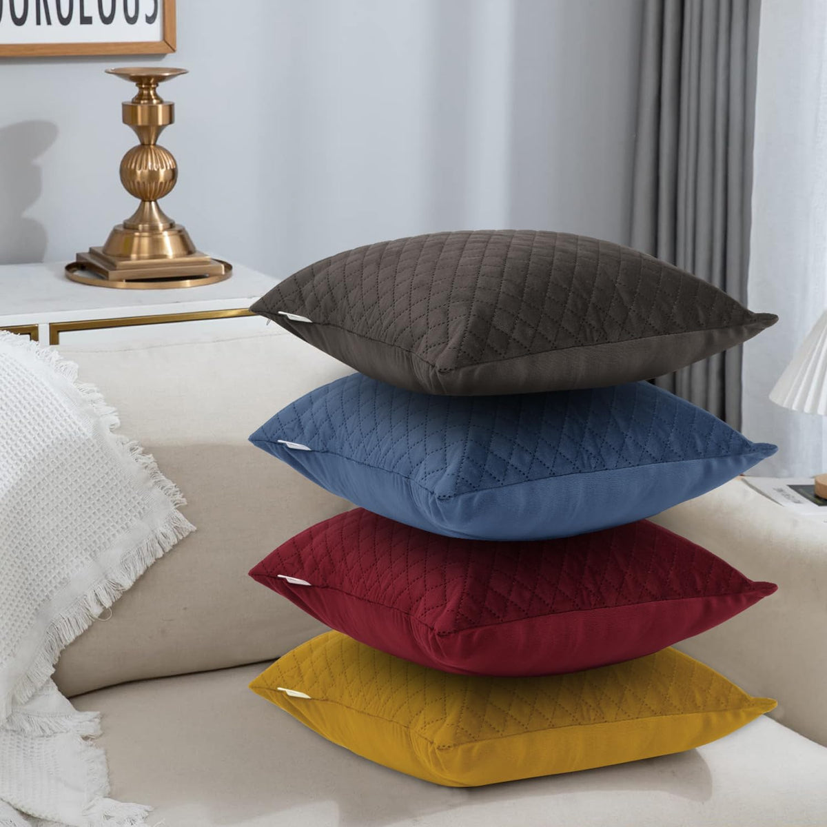 Buy Stylish Placid Blue Colour Cute Zippered Square Quilted Velvet Cushion Covers