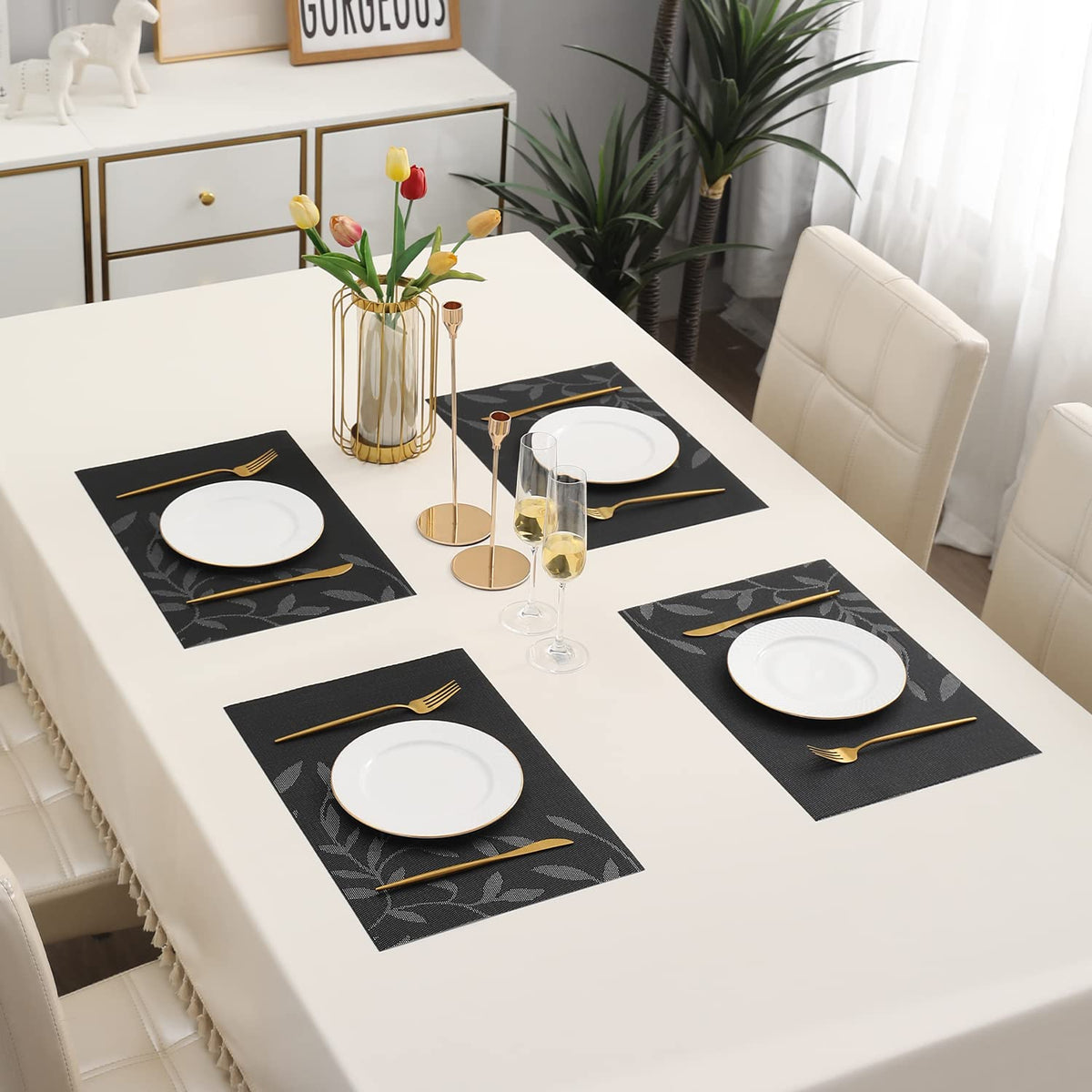 PVC Dining Table Mats, Black Leaves