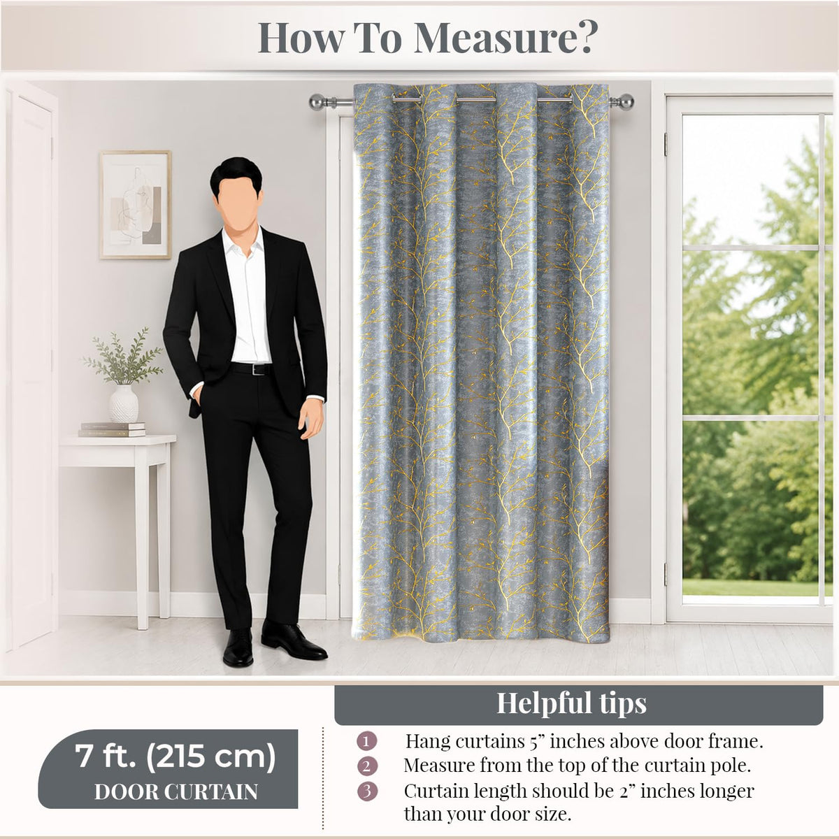 HOKIPO Shimmer Foil Printed Curtains, 7 Feet Long - Grey - image 8