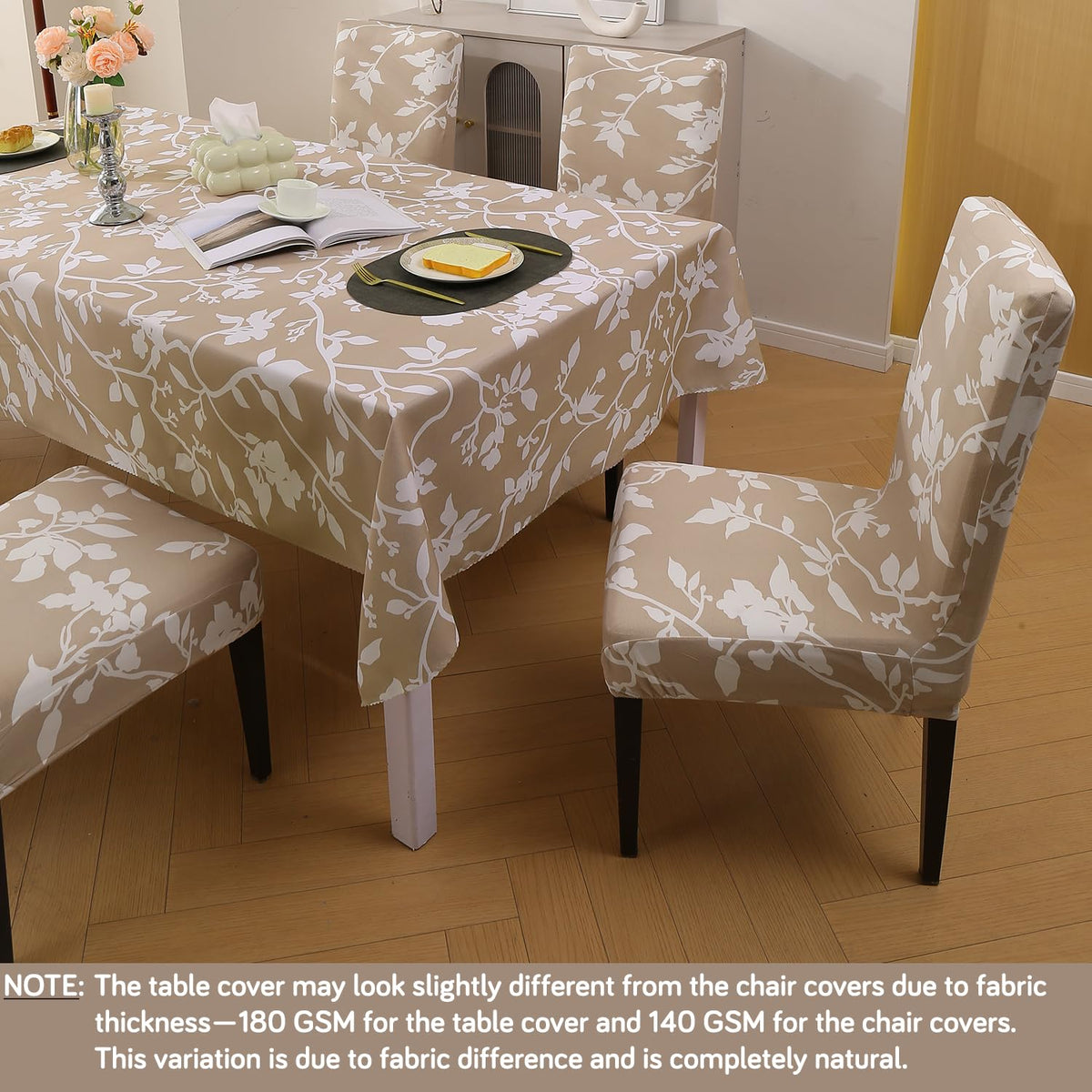 Elastic Dining Chair Covers with Matching Tablecloth, Buff Brown Sillehoute Floral