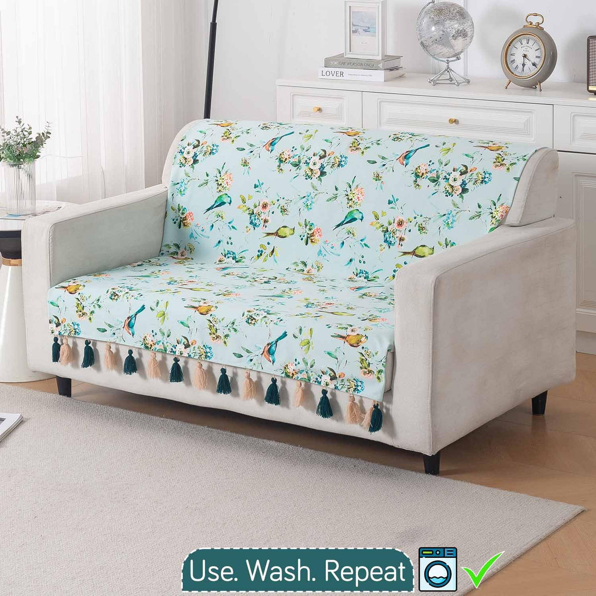 'Whispers of Nature' Series Holland Velvet Sofa Cover with Tassel, Mint Birdsong Blossom
