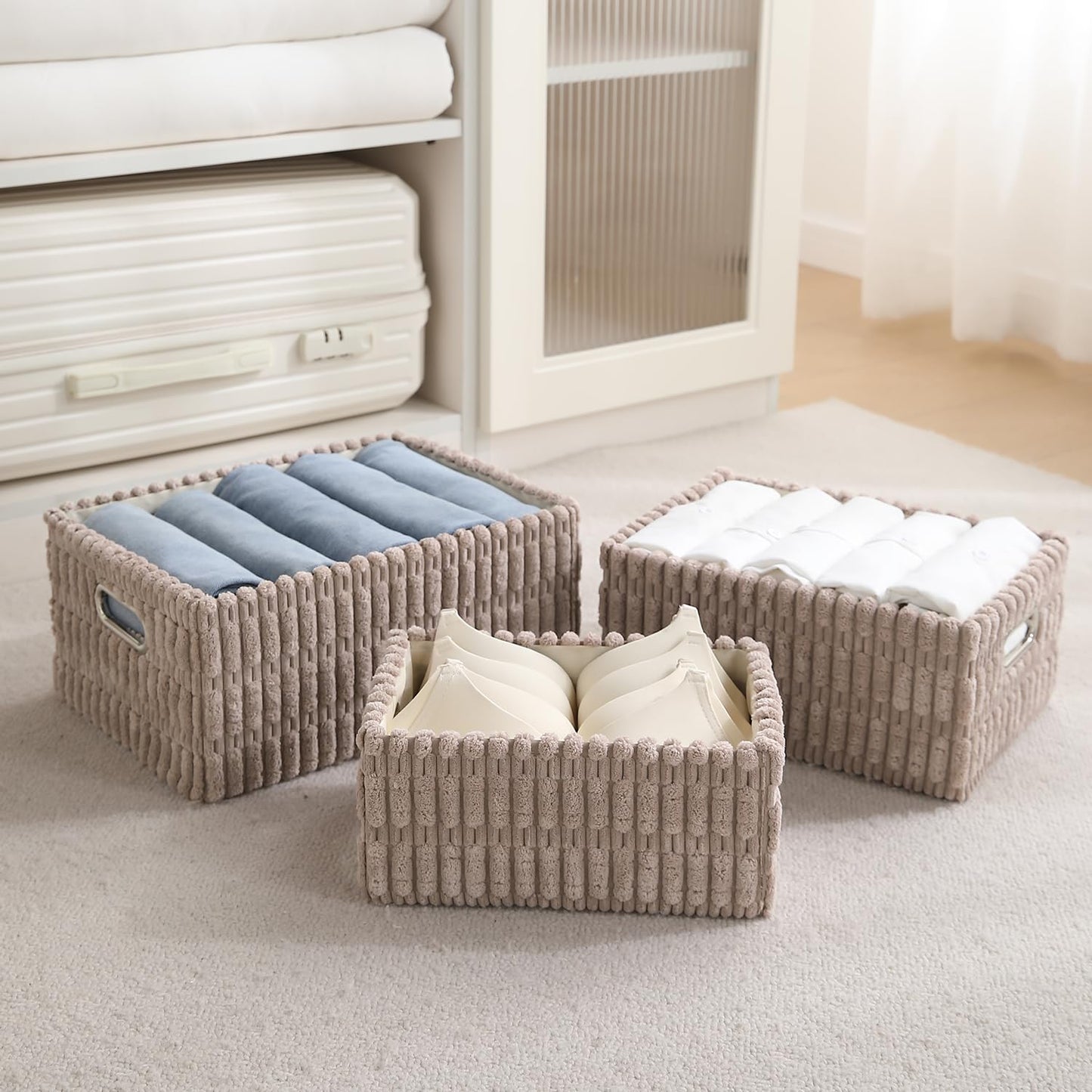 Plush Storage Organizer Baskets for Storage, Set of 3, Light Brown
