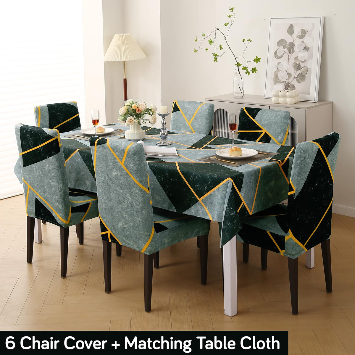 Elastic Dining Chair Covers with Matching Tablecloth, Multicolor Abstract Geometry