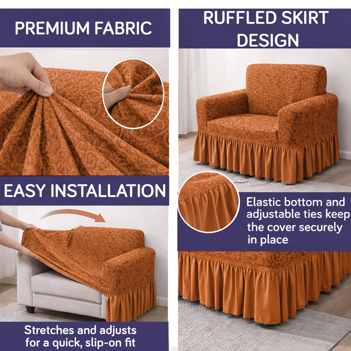 Elastic Stretchable Designer Woven Jacquard Sofa Cover with Frill, Caramel Brown