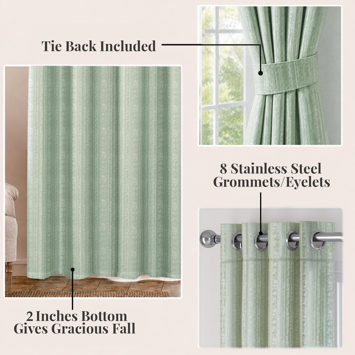 HOKIPO Royal Blend Eyelet Curtains, 7 Feet Long - Sage Green - image 4