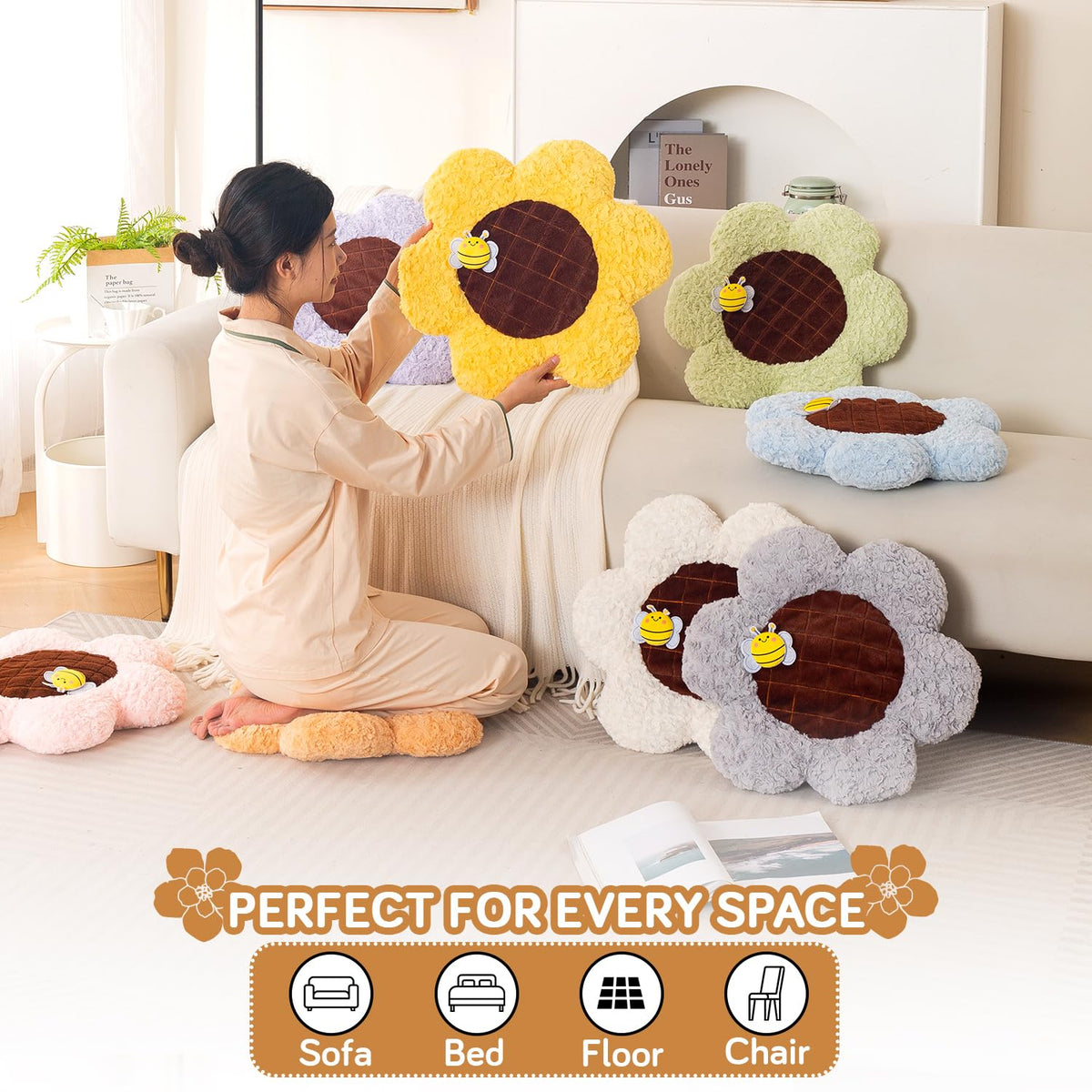 HOKIPO Sunflower Bee Cushion for Sofa & Bed, 50 cm, Peach