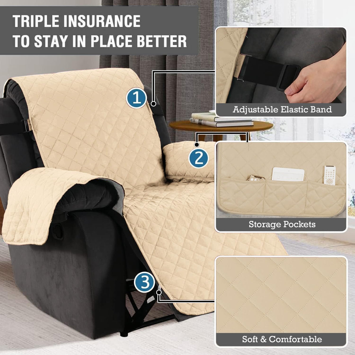 Quilted Recliner Chair Cover With Side Pockets for 1 Seater Sofa, Sand Brown