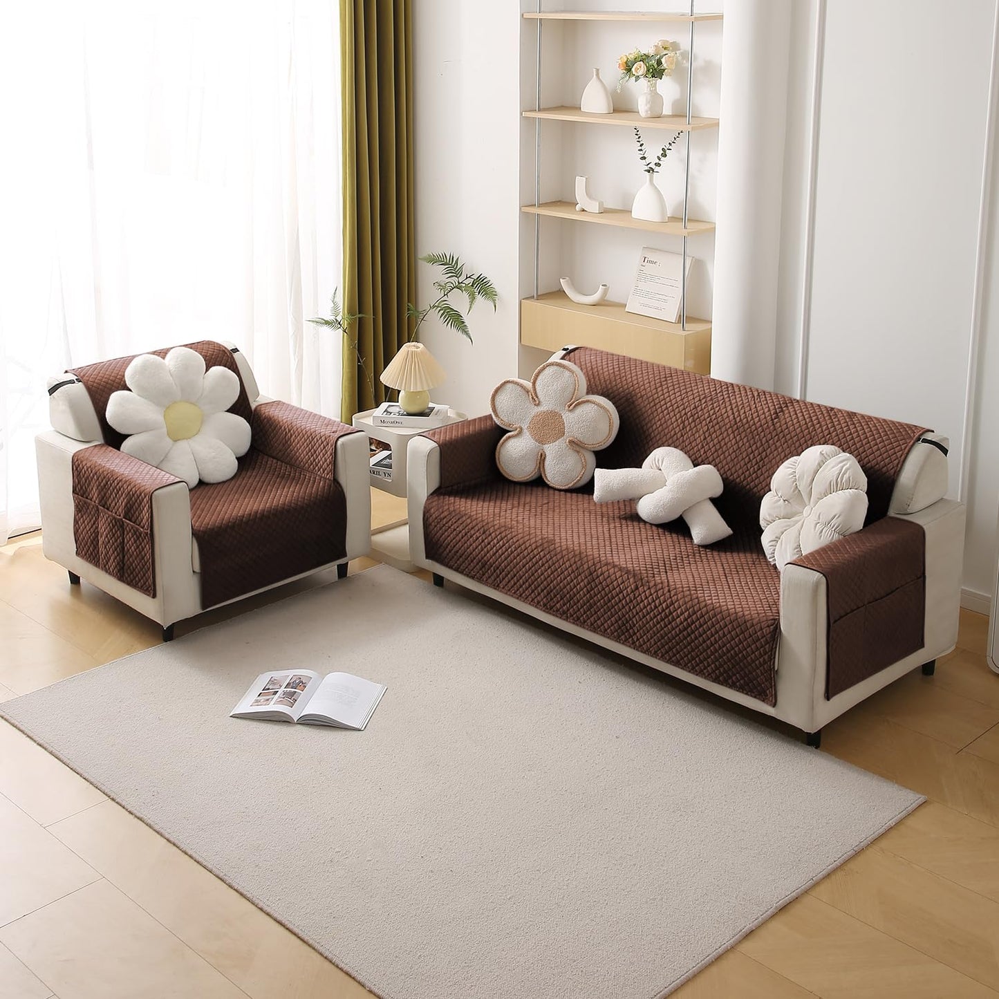 Quilted Velvet Sofa Cover Mat with Side Pockets, Pet Friendly, Russet Brown