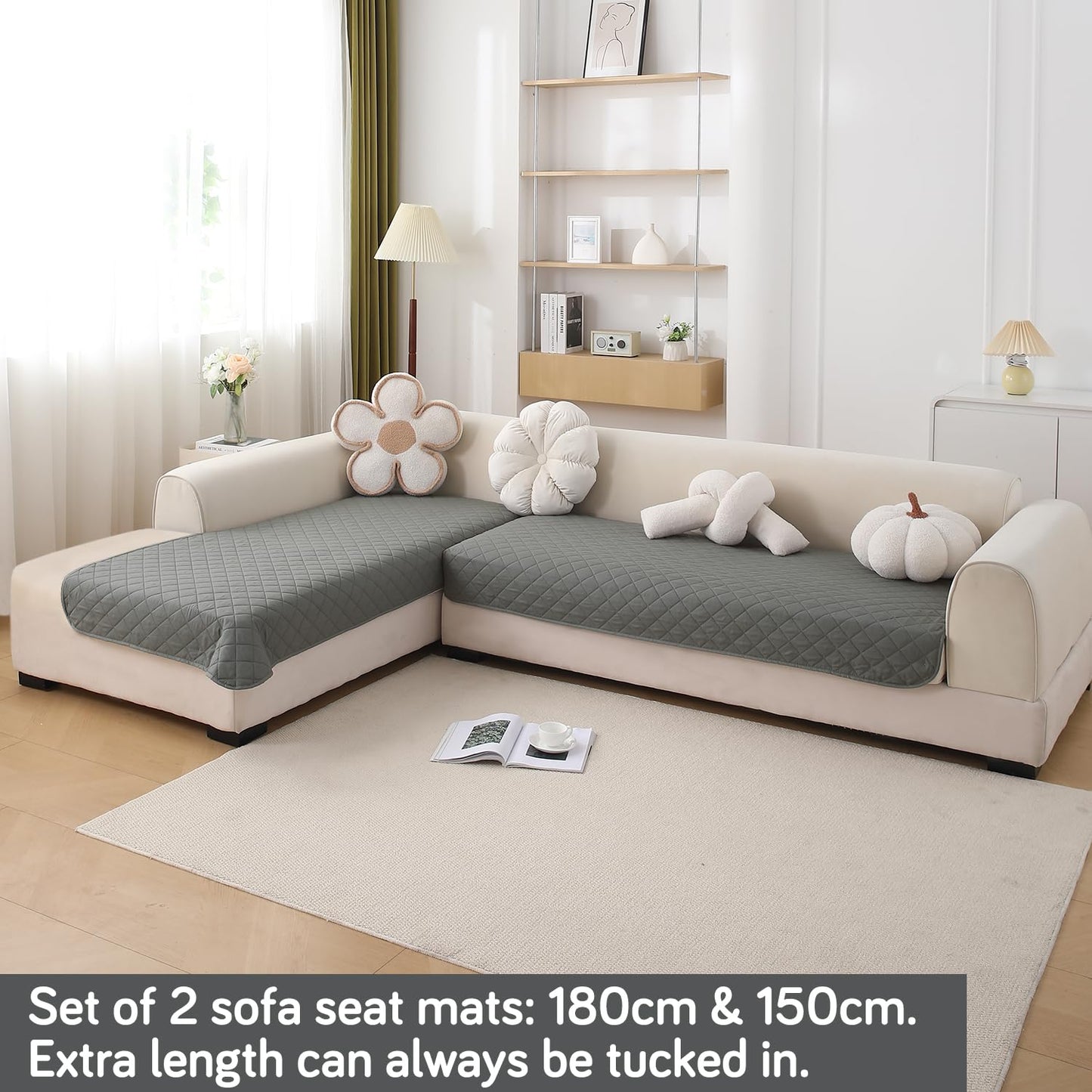 HOKIPO Waterproof Quilted Quick Dry L Shape Sofa Seat Cover Mat, Light Grey