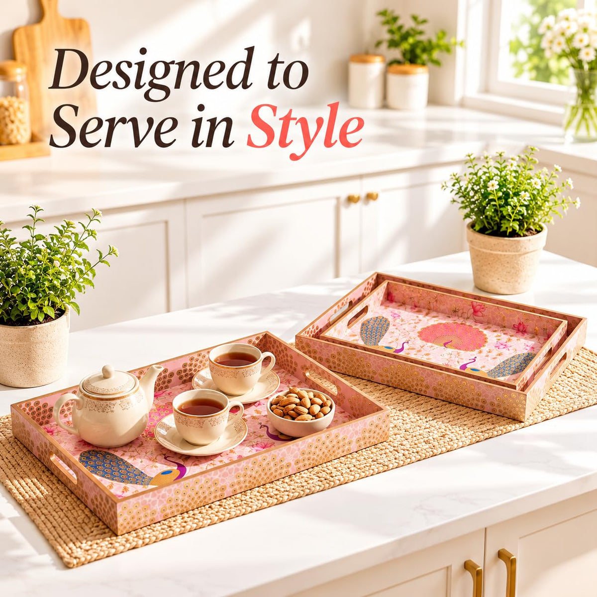 HOKIPO Serving Tray Set of 3, Engineered Wood, Gulabi Mayurvan - image 3