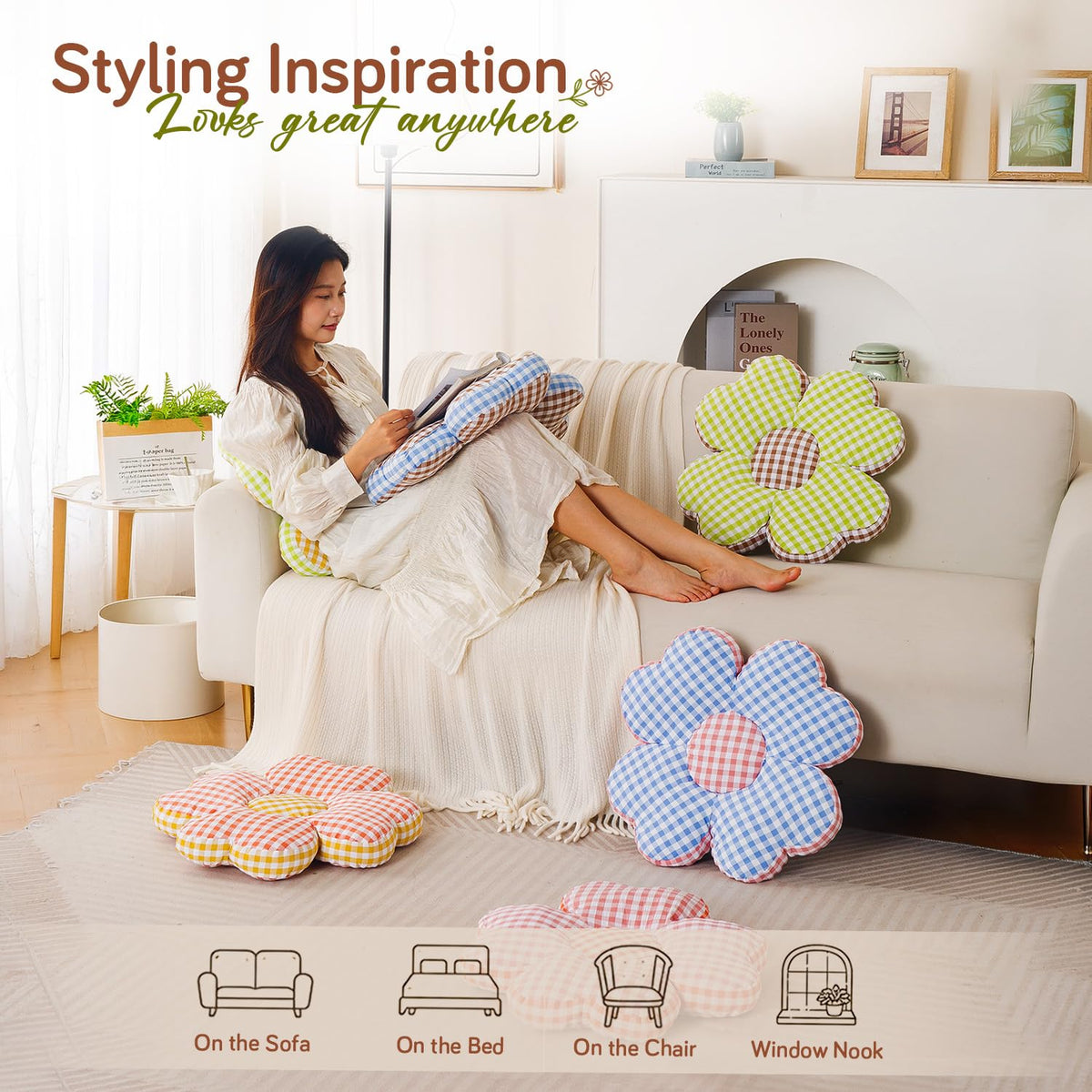 HOKIPO Checkered Daisy Flower Cushion for Sofa & Bed, 49 cm, Green