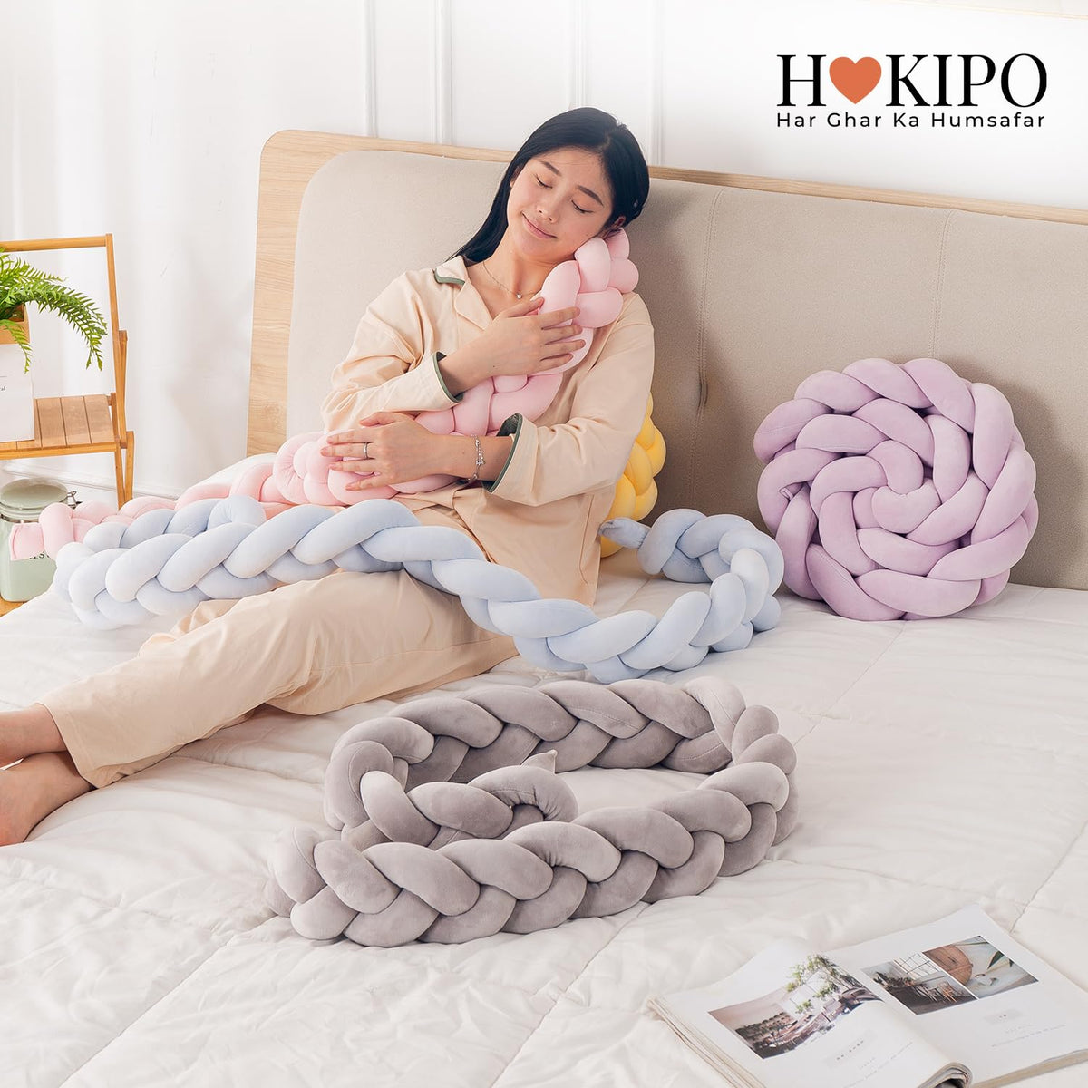 HOKIPO Braided Knot Chain Pillow for Sofa & Bed, 200 cm, Grey