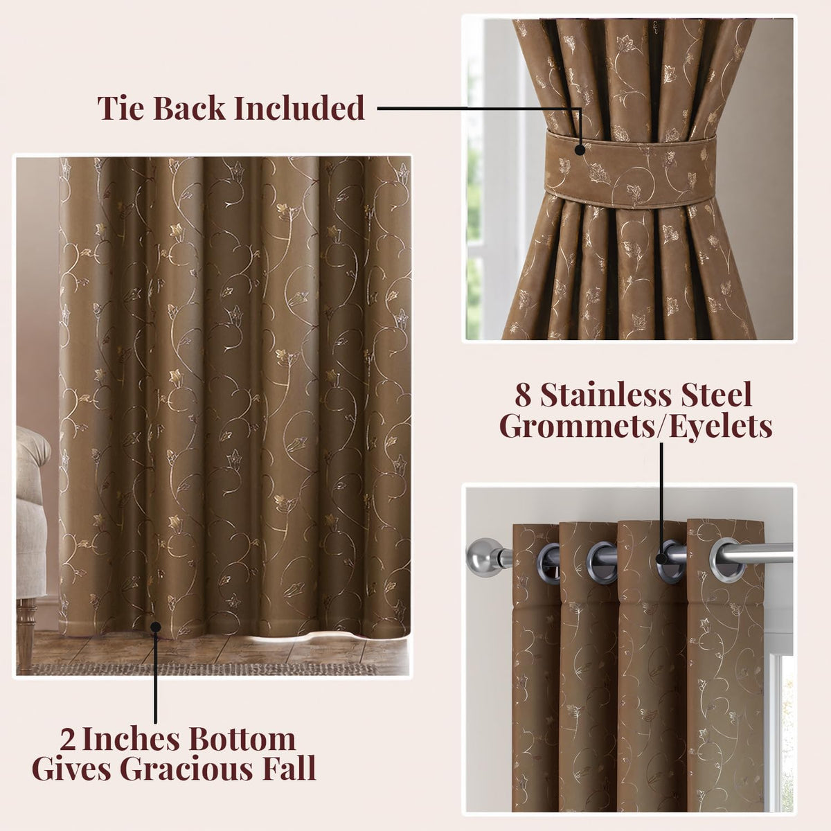 HOKIPO Golden Vine Eyelet Curtains, 7 Feet Long - Mocha Brown - image 3