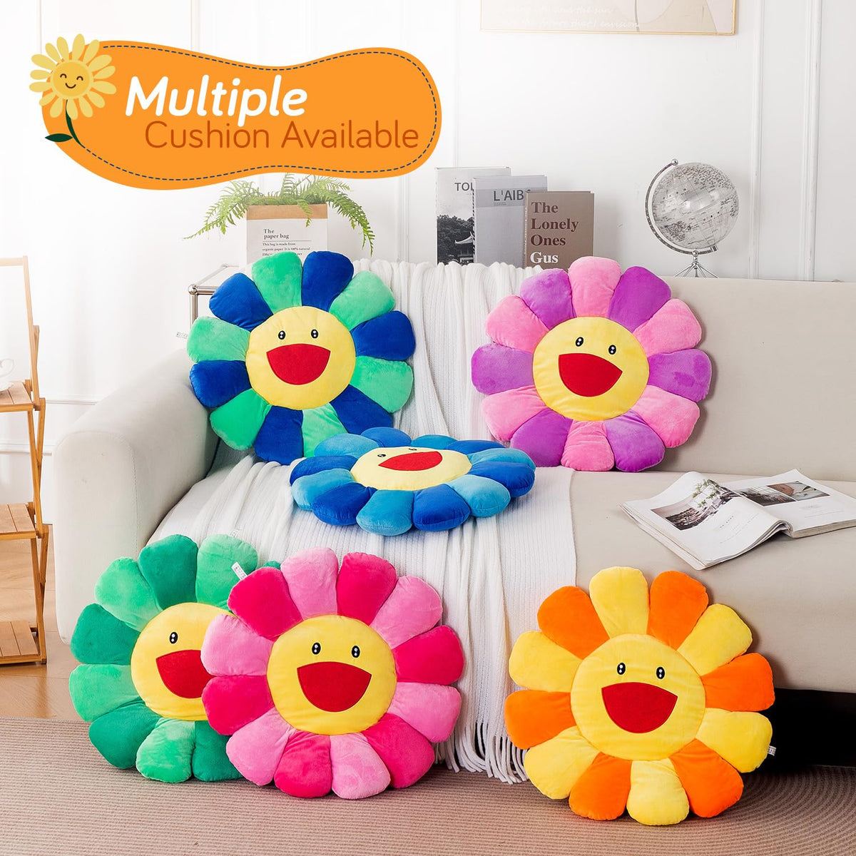 HOKIPO Smiley Sunflower Cushion for Sofa & Bed, 45 cm, Orange