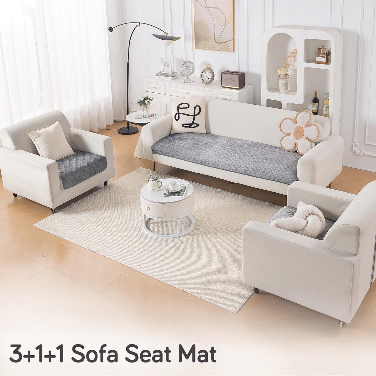 Premium Velvety Quilted Softline 5-Seater Sofa Cover (3+1+1), Arctic Grey