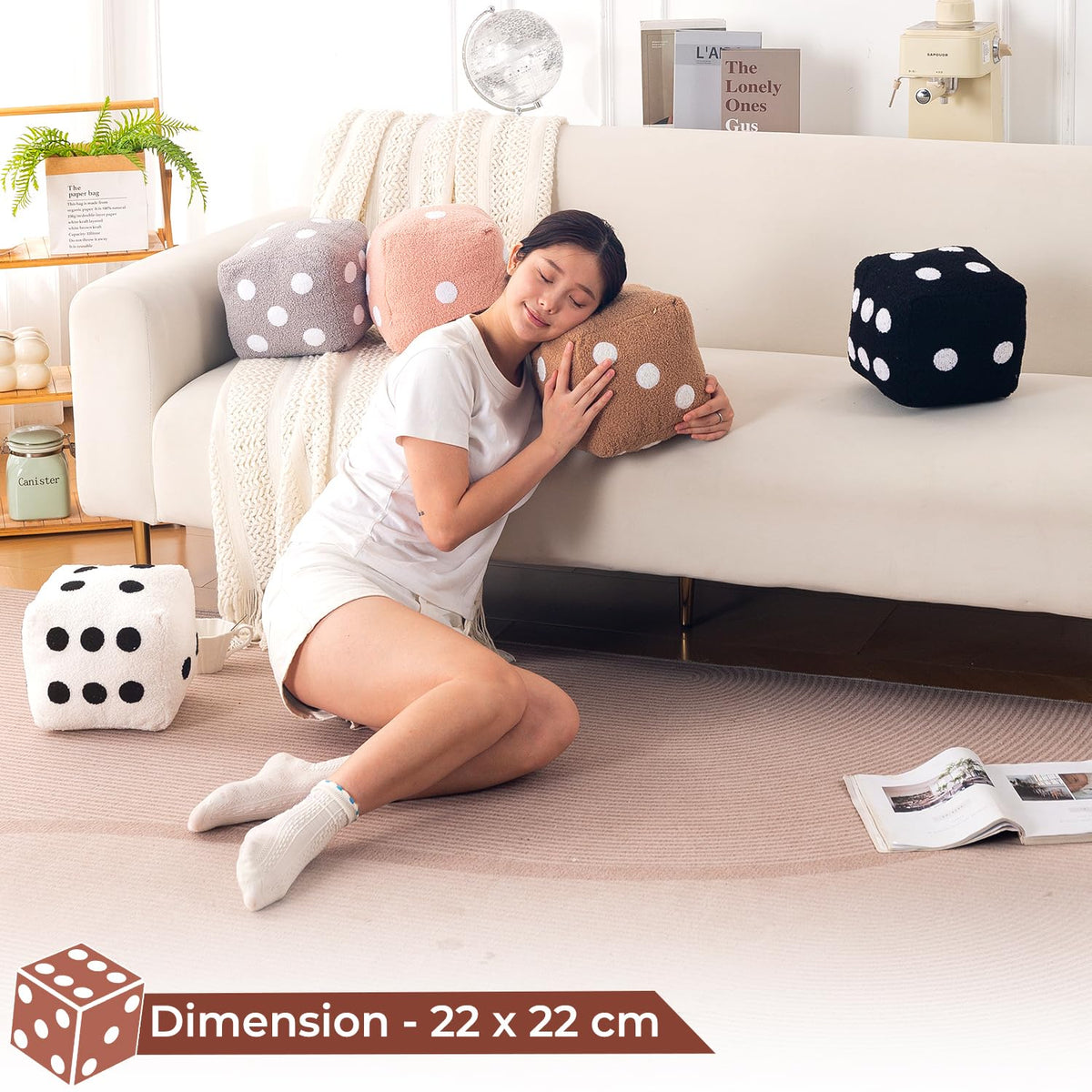 HOKIPO Dice Shaped Plush Cushion for Gaming Room & Kids Decor, 22 cm, Black