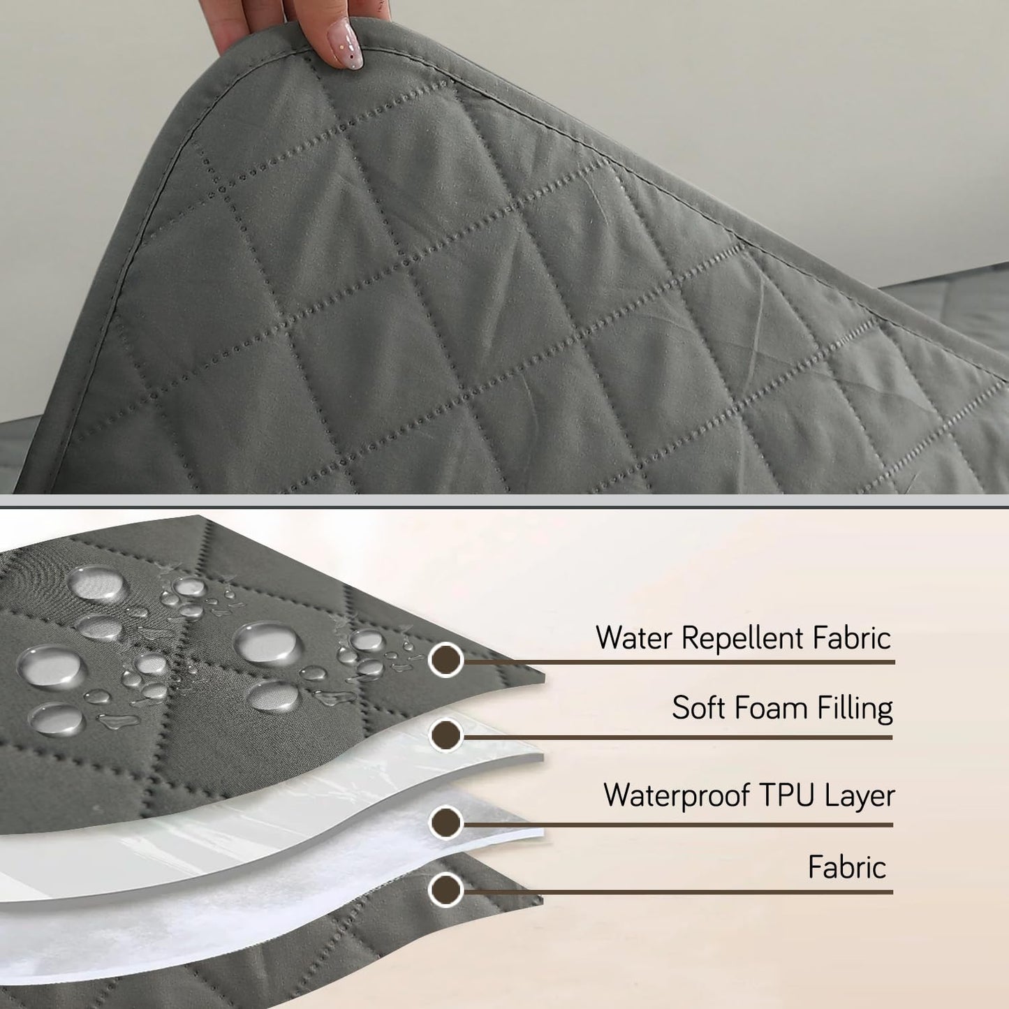HOKIPO Waterproof Quilted Quick Dry L Shape Sofa Seat Cover Mat, Light Grey
