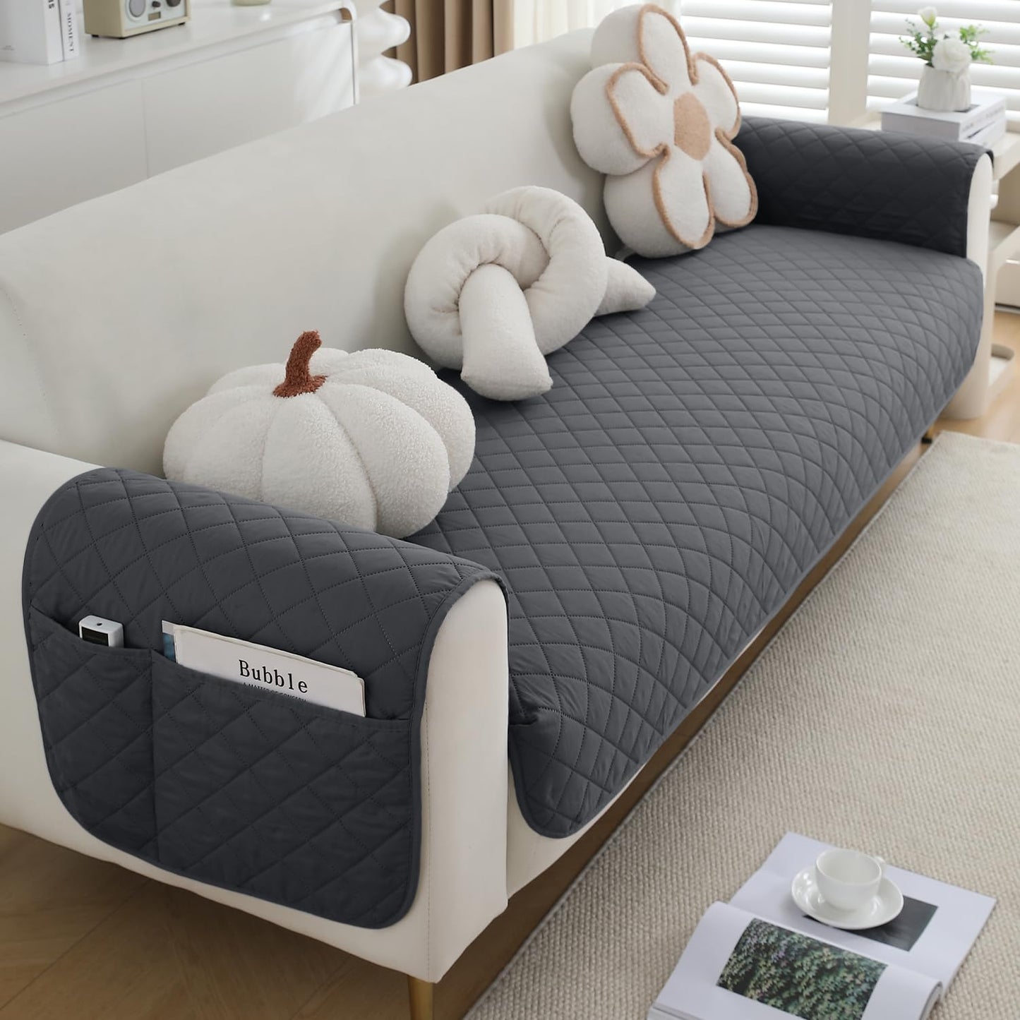 HOKIPO Quilted Waterproof Sofa Seat Mat with 2 Armrest Covers with Pockets, Dark Grey
