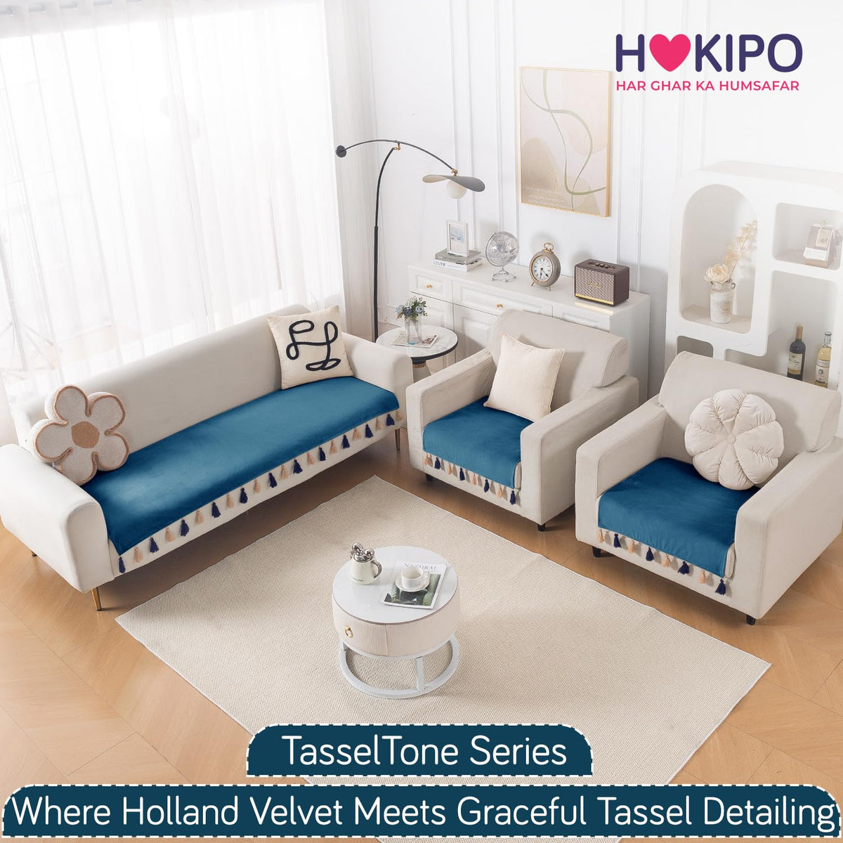 Premium Holland Velvet 5-Seater Sofa Cover (3+1+1), TasselTone Series | Sea Blue