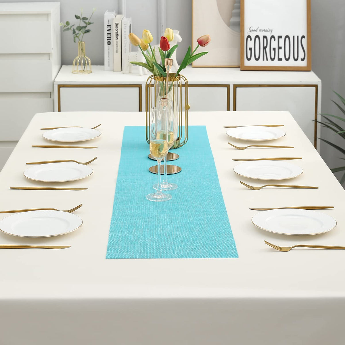 Buy Blue Colour PVC Dining Table Runner for 6 Seater Tables | HOKIPO