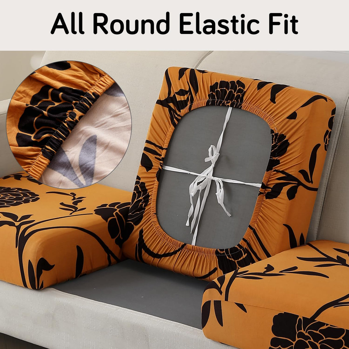 Stretchable 140gsm Printed Seat Couch Cushion Cover for 1/2/3 Seaters / Pieces for Sofa, Copper Brown Floral