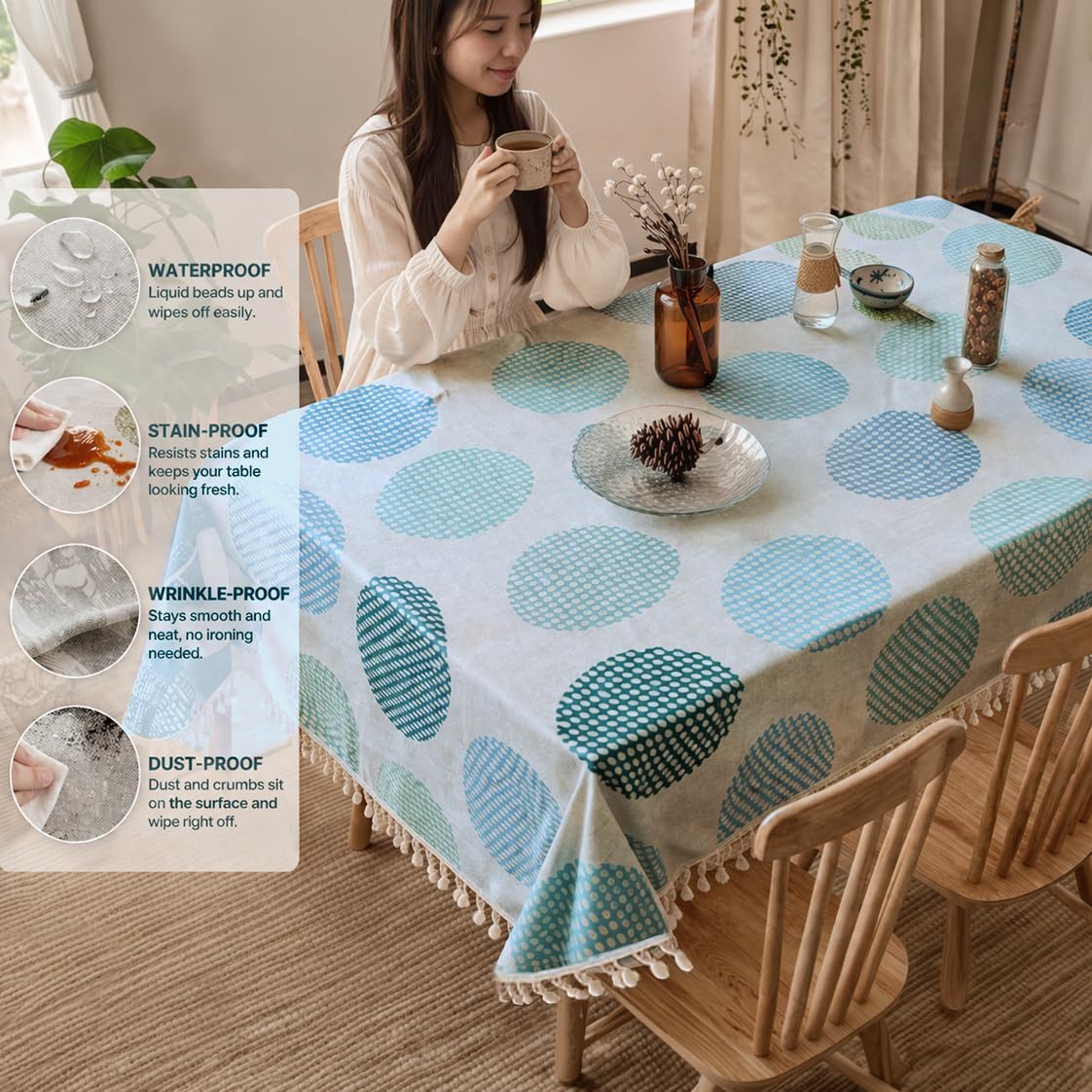 HOKIPO ShieldQuilt Table Cloth with Tassel Edge for 4/6 Seater, Arctic Circles - image 4