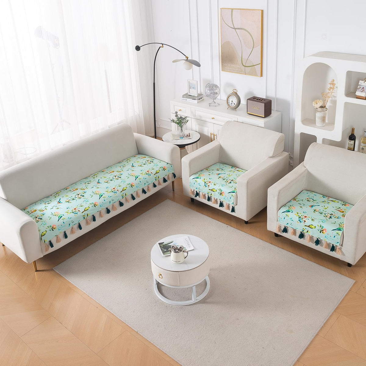 'Whispers of Nature' Series Holland Velvet Sofa Seat Mat with Tassel, Mint Birdsong Blossom