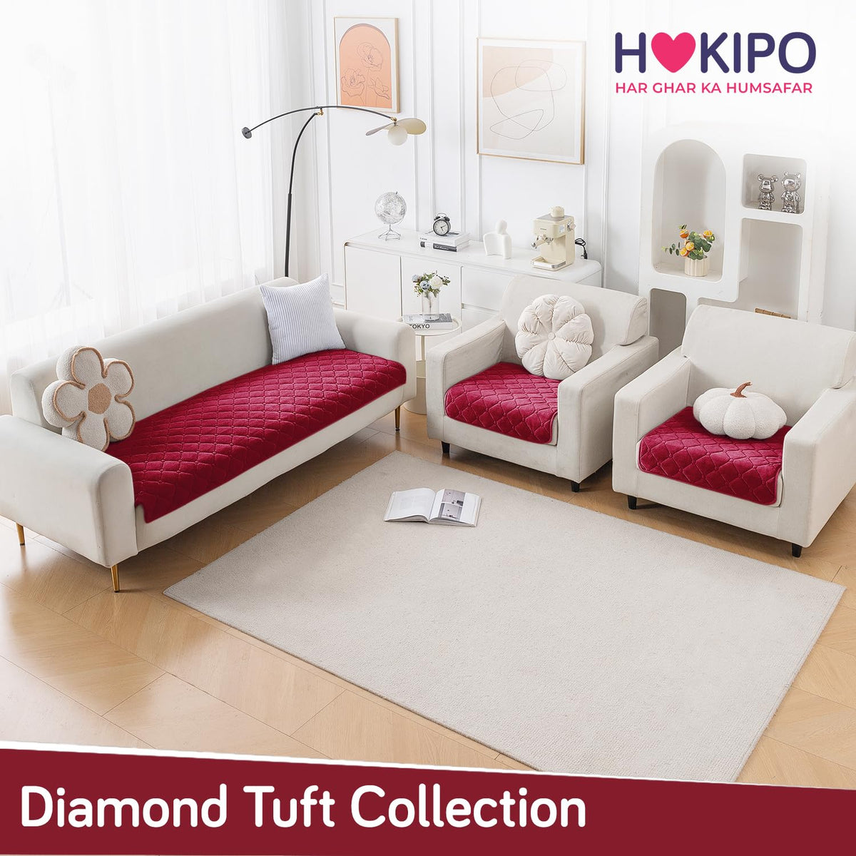 Diamond Tuft Quilted 5-Seater Sofa Mat (3+1+1), Anti-Slip, Rasberry Red