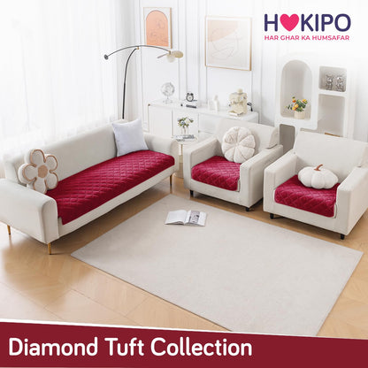 Diamond Tuft Quilted 5-Seater Sofa Mat (3+1+1), Anti-Slip, Rasberry Red