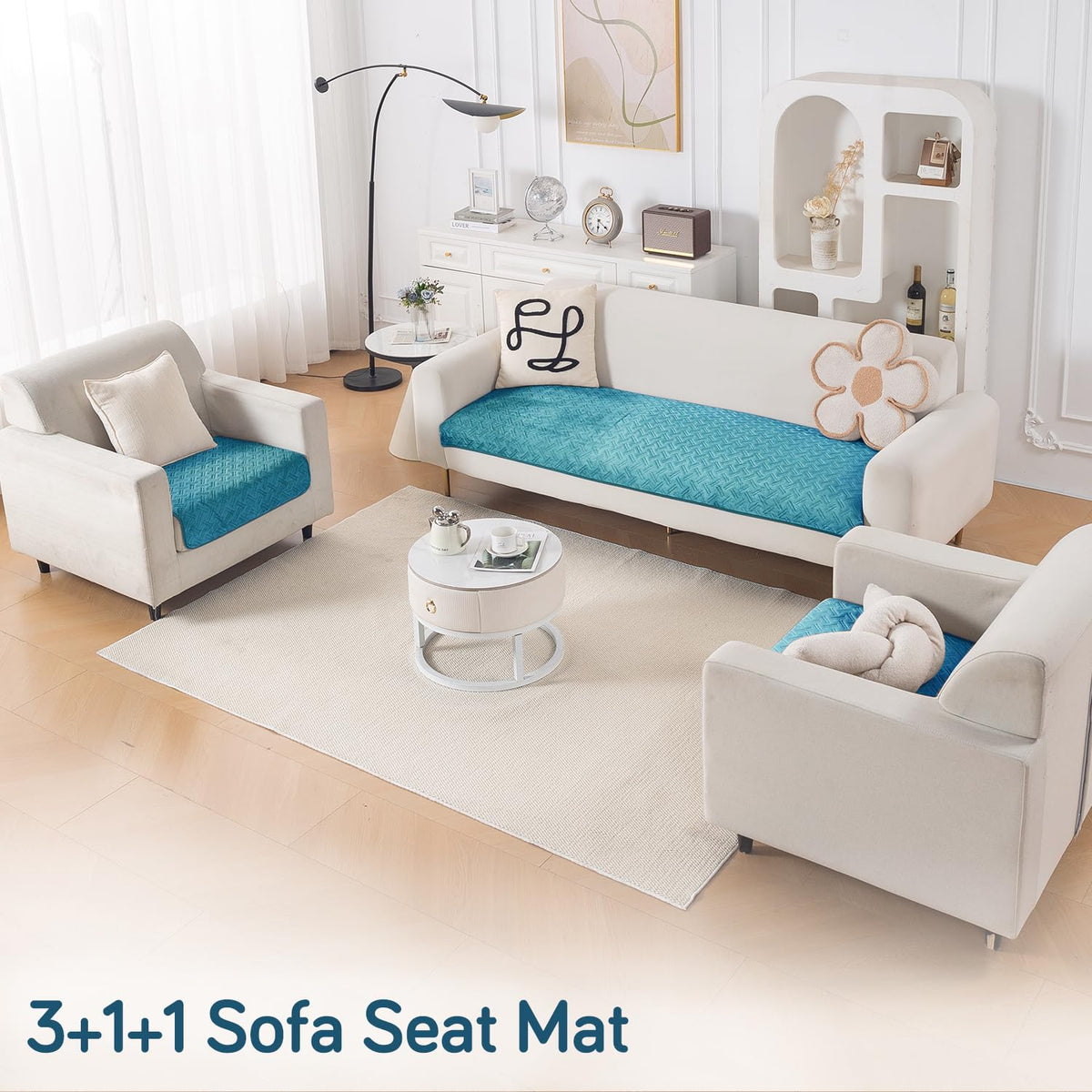 Premium Velvety Quilted Softline 5-Seater Sofa Cover (3+1+1), Teal Blue