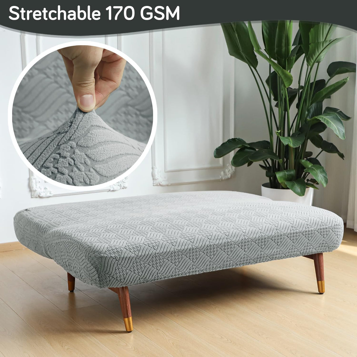 Buy Light Grey Colour Luxurious Jacquard Stretchable 170 GSM Futon Sofa Cover For Sofa Cum Bed | HOKIPO