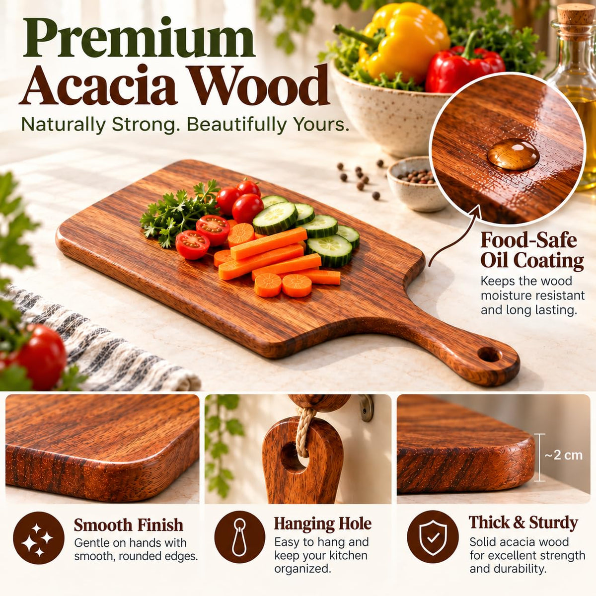 HOKIPO Arbor Acacia Wood Chopping Board with Handle, Cutting Board 43.5 cm - image 2