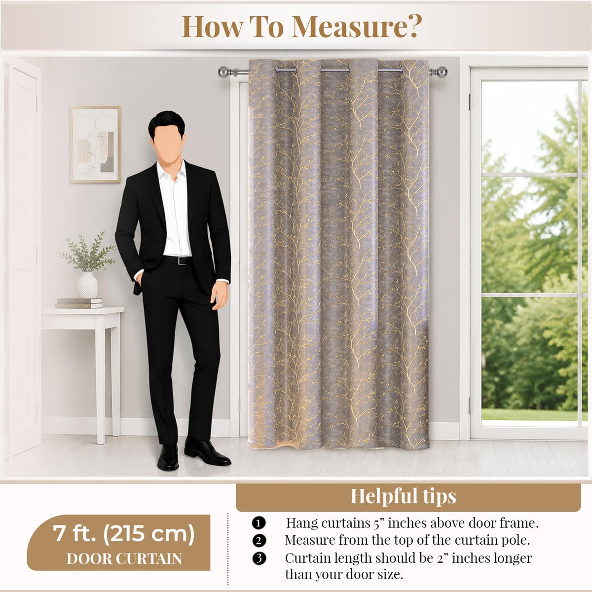 HOKIPO Shimmer Foil Printed Curtains, 7 Feet Long - Taupe - image 8