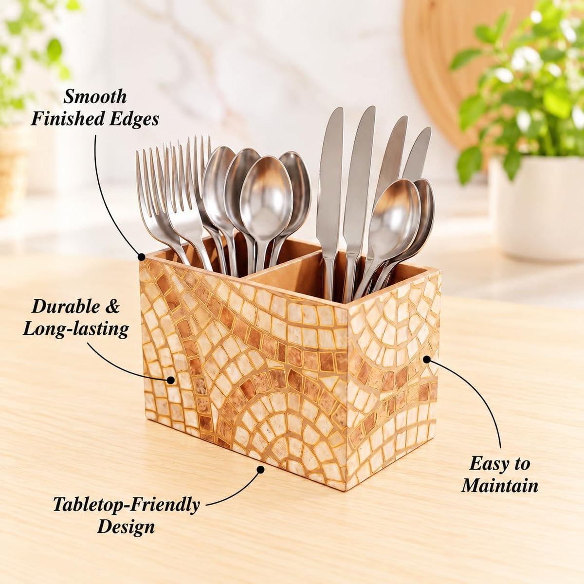 HOKIPO Cutlery Holder for Dining Table, Engineered Wood, Meher Mosaic - image 7
