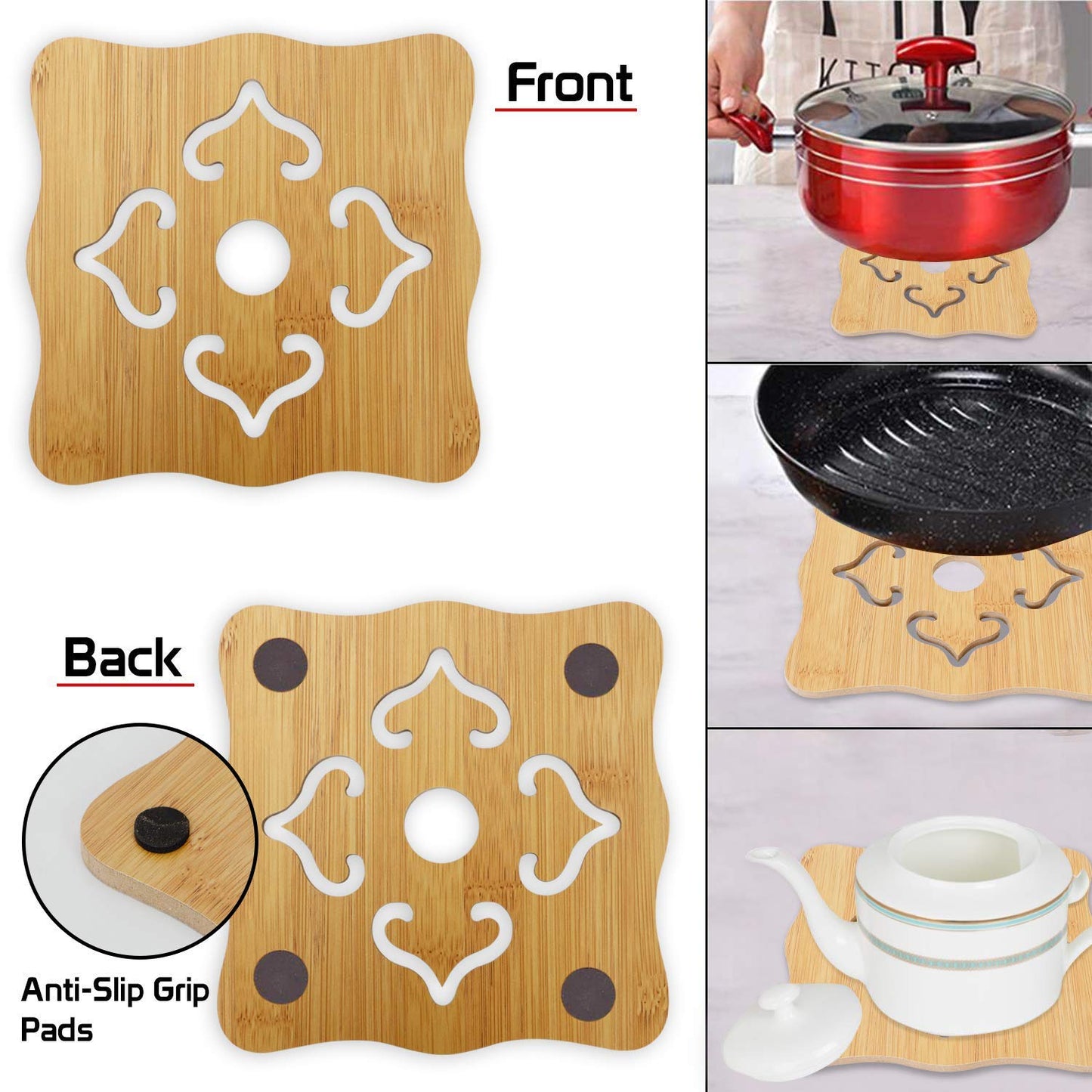 HOKIPO Bamboo Wooden Coasters for Home Pan Pot Holder & Dining Table Heat Pad for Kitchen - Pack of 2/4/6