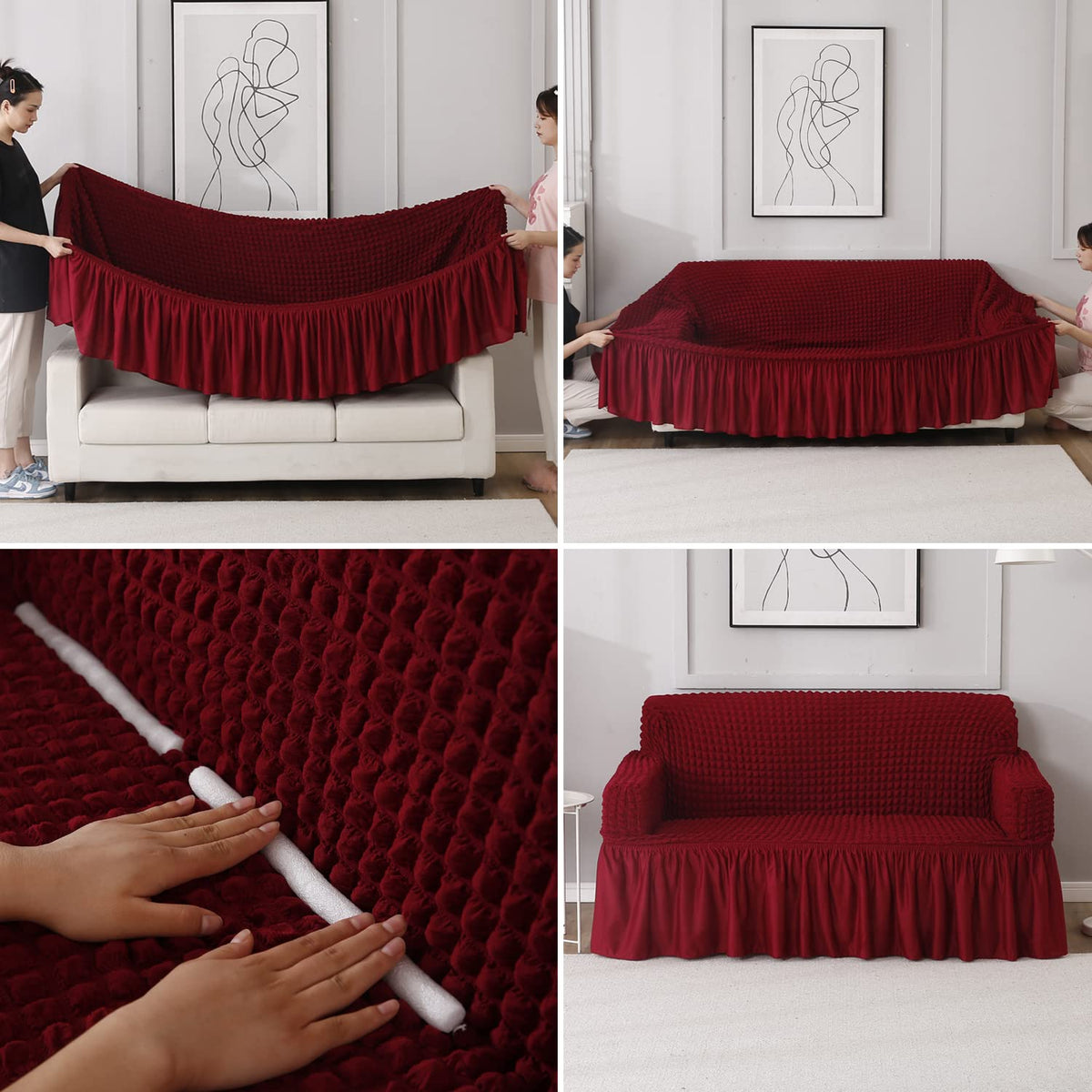 How to put Cherry Red stretchable Turkish Bubble frill sofa cover guide.