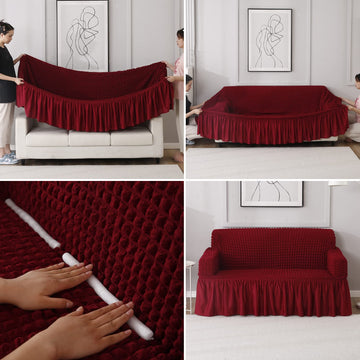How to put Cherry Red stretchable Turkish Bubble frill sofa cover guide.