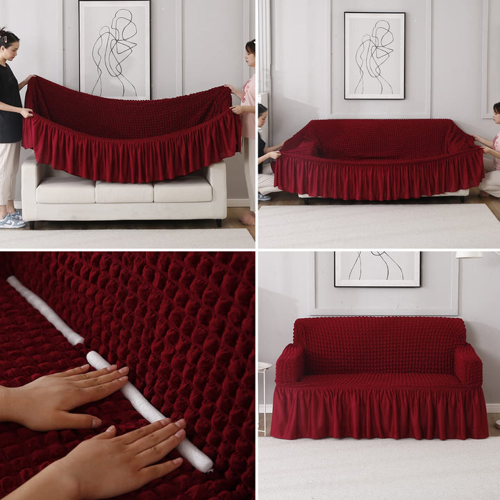 How to put Cherry Red stretchable Turkish Bubble frill sofa cover guide.