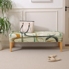 Elastic Printed Dining Bench Stretchable Slipcover, Parchement Beige Abstract Art