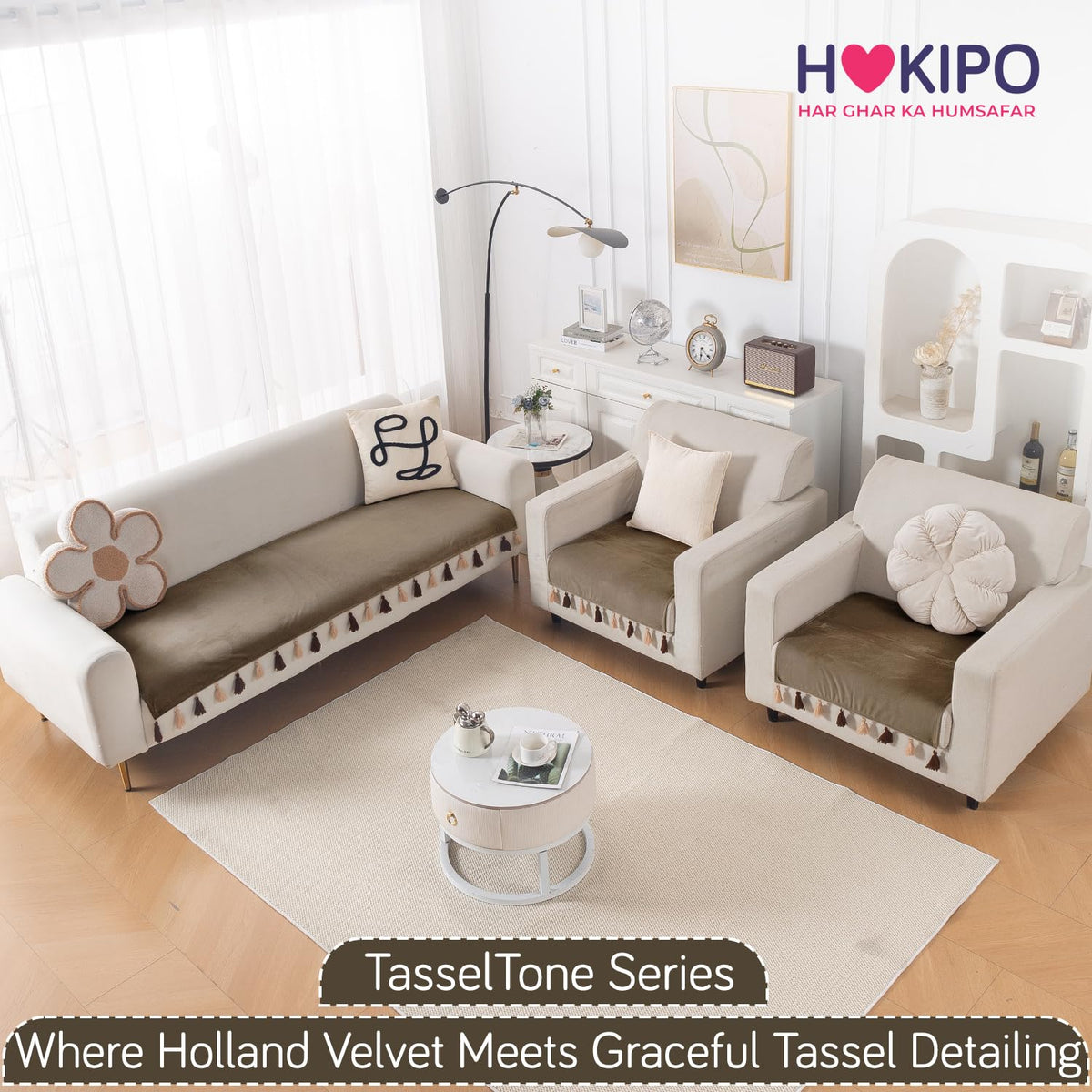 Premium Holland Velvet 5-Seater Sofa Cover (3+1+1), TasselTone Series | Coffee Brown