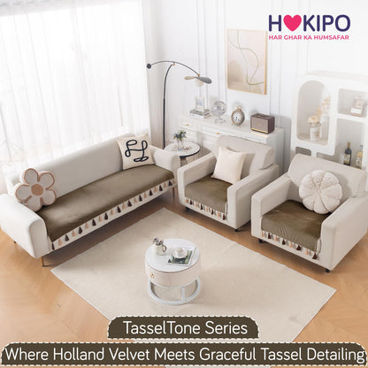 Premium Holland Velvet 5-Seater Sofa Cover (3+1+1), TasselTone Series | Coffee Brown