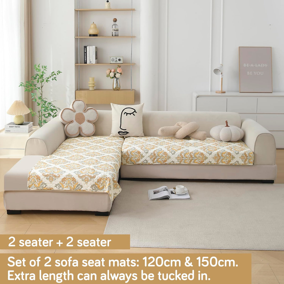 Quilted Printed L Shape Sofa Cover Mat for 2+2/3+2/3+3 Seater, Damask Beige