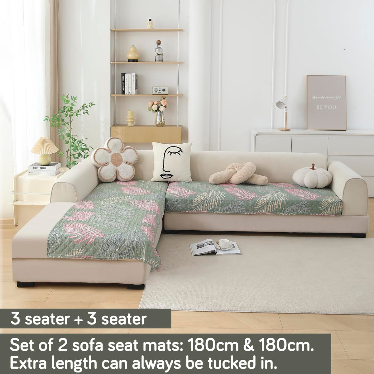 L Shape Sofa Cover Mat for 2+2/3+2/3+3 Seater, Quilted Printed Tropical Leaves Pastel Green