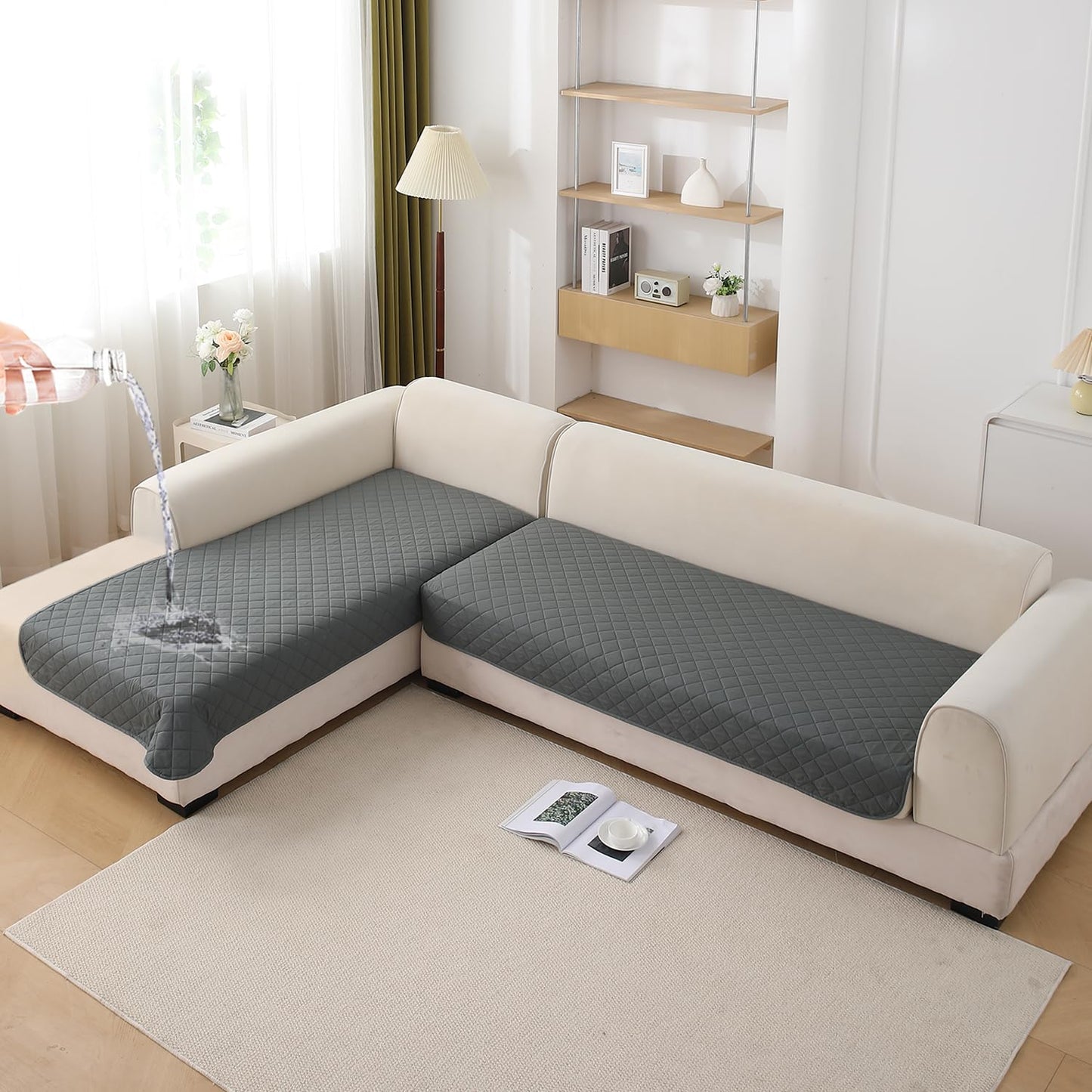 HOKIPO Waterproof Quilted Quick Dry L Shape Sofa Seat Cover Mat, Dark Grey