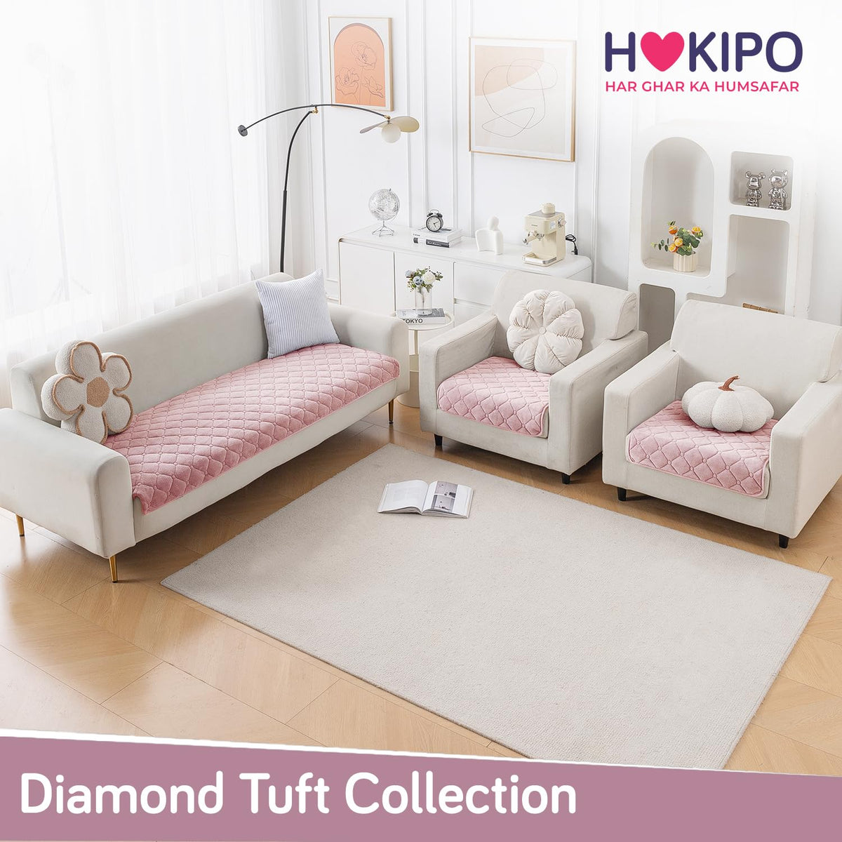Diamond Tuft Quilted 5-Seater Sofa Mat (3+1+1), Anti-Slip, Blush Pink