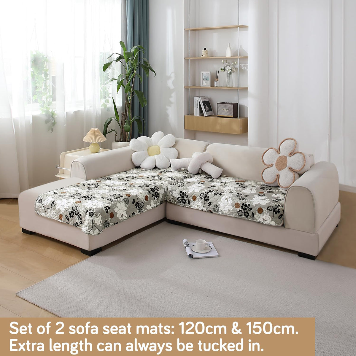 Waterproof Printed Quilted Quick Dry L Shape Sofa Seat Cover Mat, Feather Brown Floral
