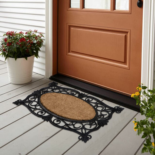 Natural Rubber Coir Doormat with Designer Border, Anti-Slip Rubber Backing, 45x75 cm