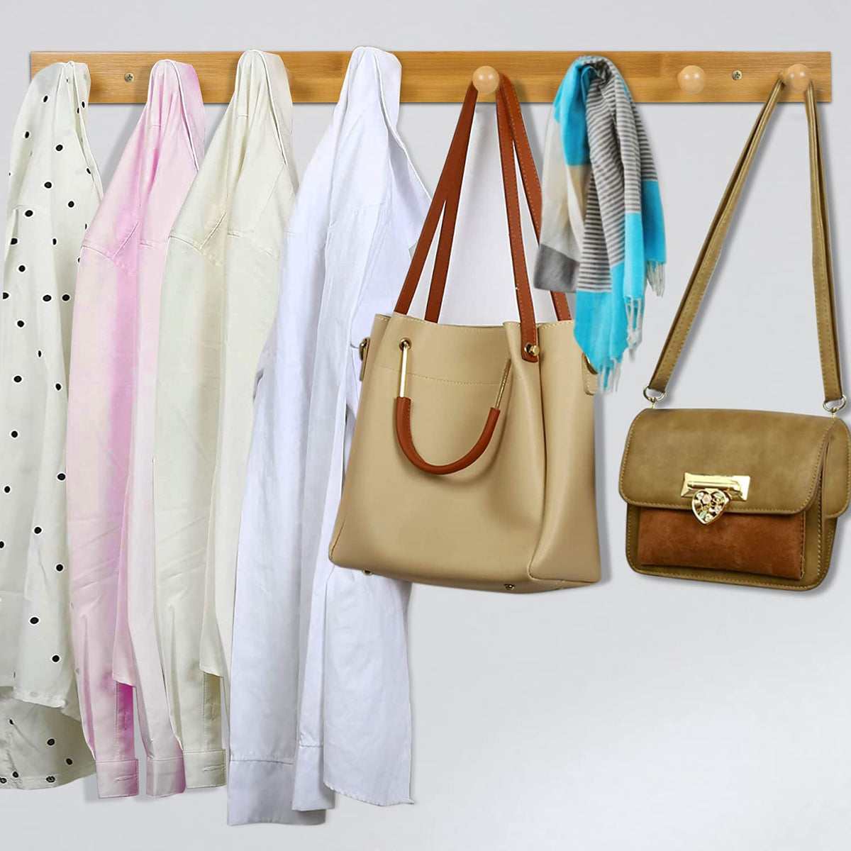 Bamboo Wooden Heavy Duty Wall Mounted Hooks for Hanging - 8 Hooks for Clothes, bags, towel & more